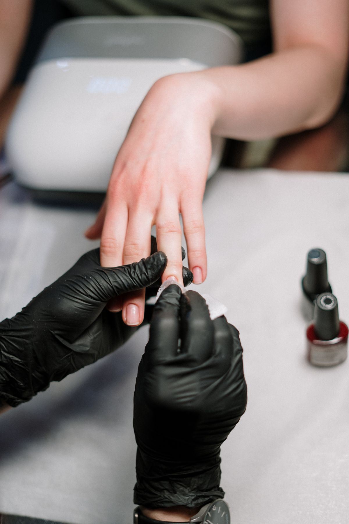 Manicure in progress at Red Carpet Nails, Five Corners